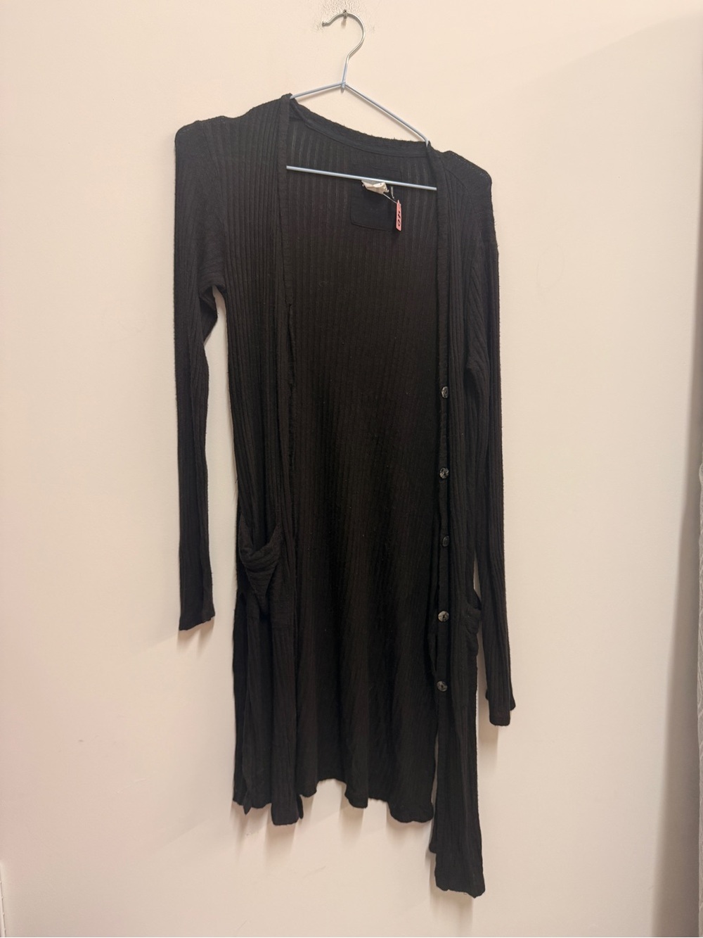 Long Black Ribbed Button-Front Women’s Cardigan